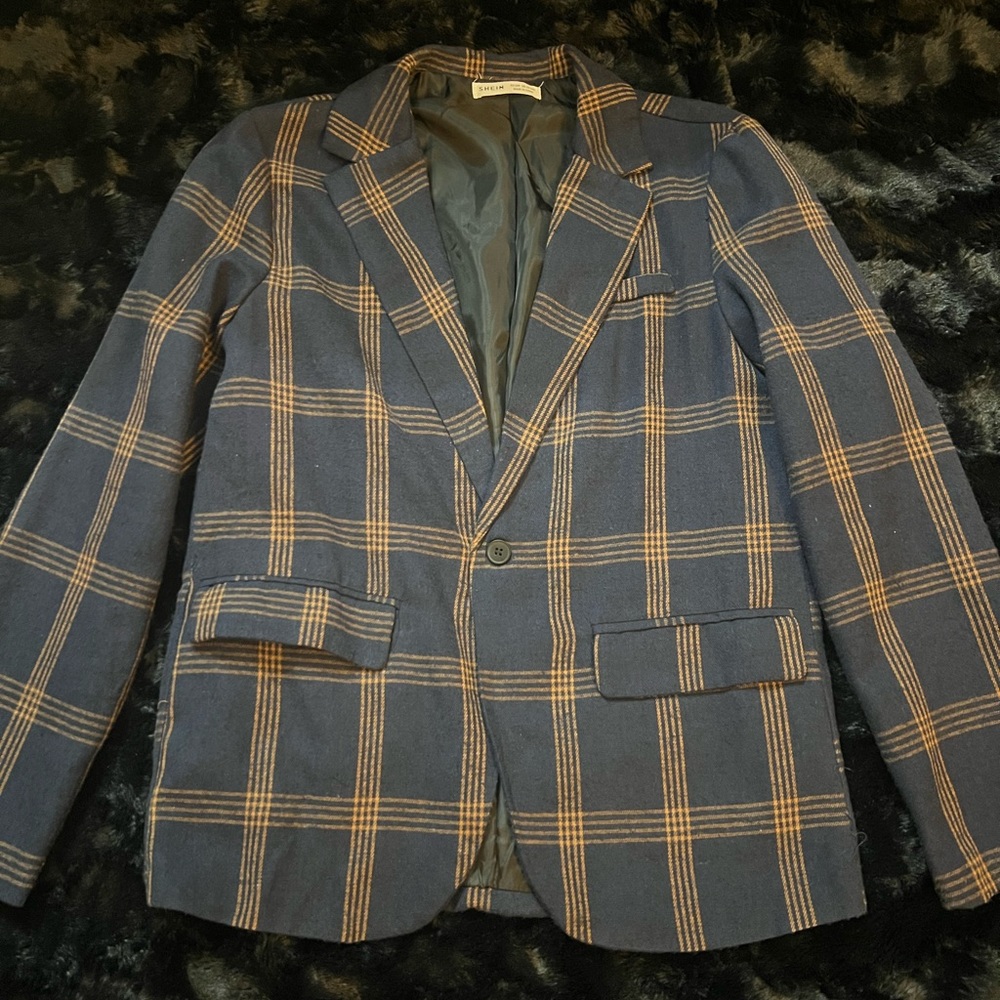 Stylish Blue and Tan Plaid Blazer Boys Size 13-14Y